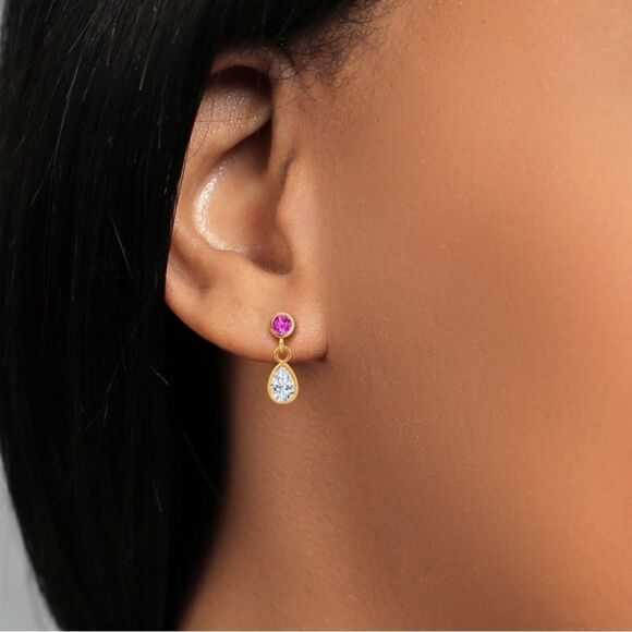 14K Yellow Gold with 1.07 Cttw White Moissanite and Pink Sapphire Post Earrings - Picture 3 of 4